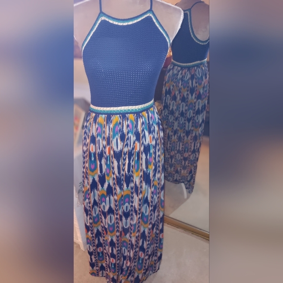 Xhiliration~Blue Crochet Tank Top Bohemian Colorful Aztec Maxi Dress - Picture 2 of 14